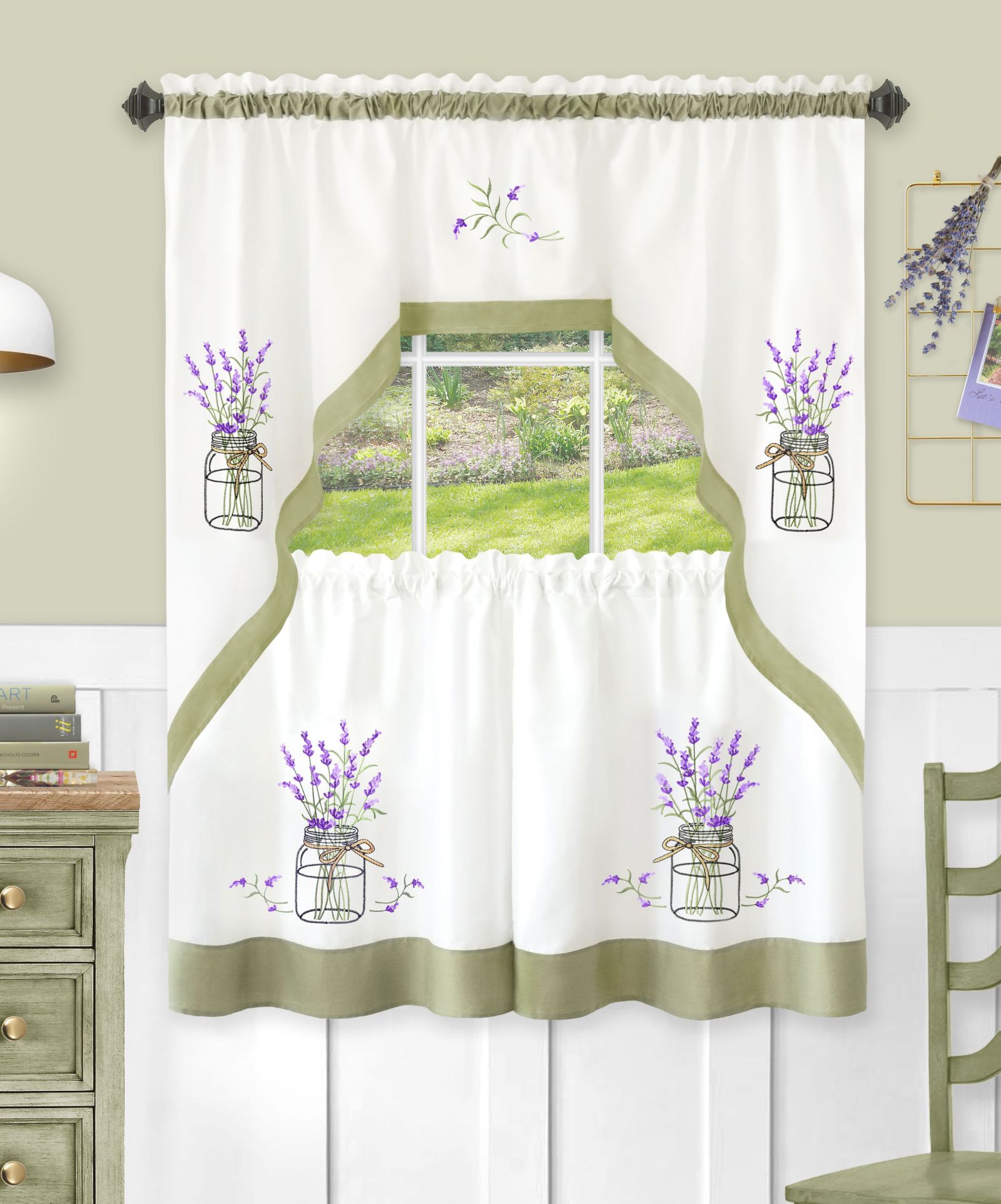Kate Aurora Montauk Accents Lavender Floral Embellished Complete 3 Piece Kitchen Curtain Tier and Valance Set