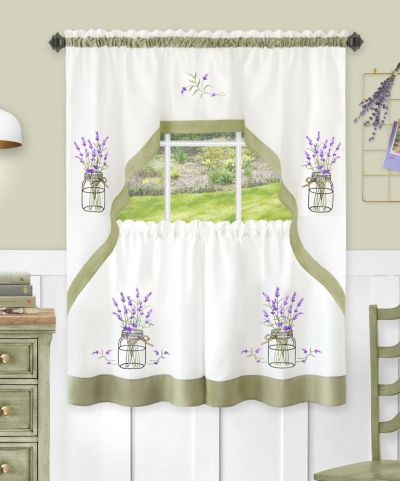 Kate Aurora Montauk Accents Lavender Floral Embellished Complete 3 Piece Kitchen Curtain Tier and Valance Set