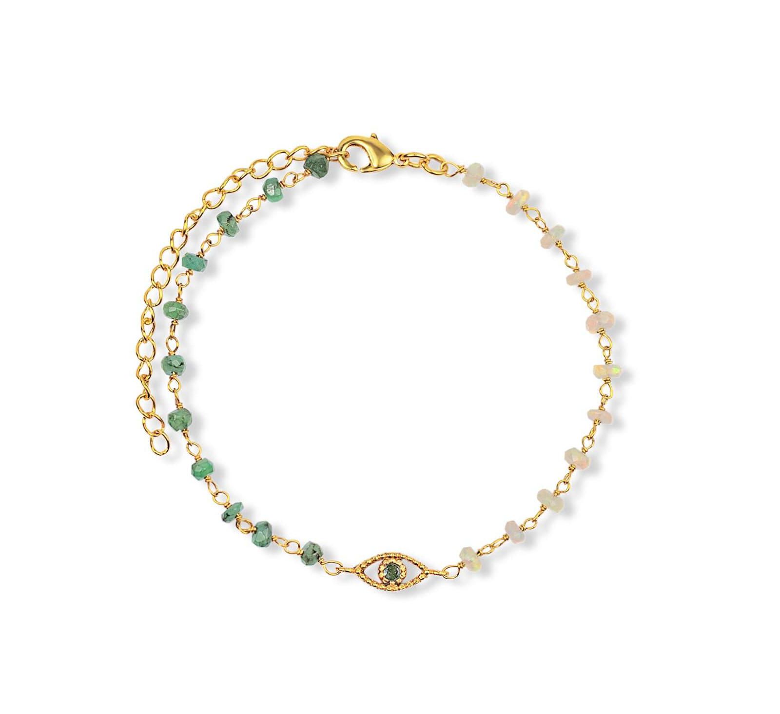 Karma and Luck Opal Emerald Gold Chain Evil Eye Charm Bracelet