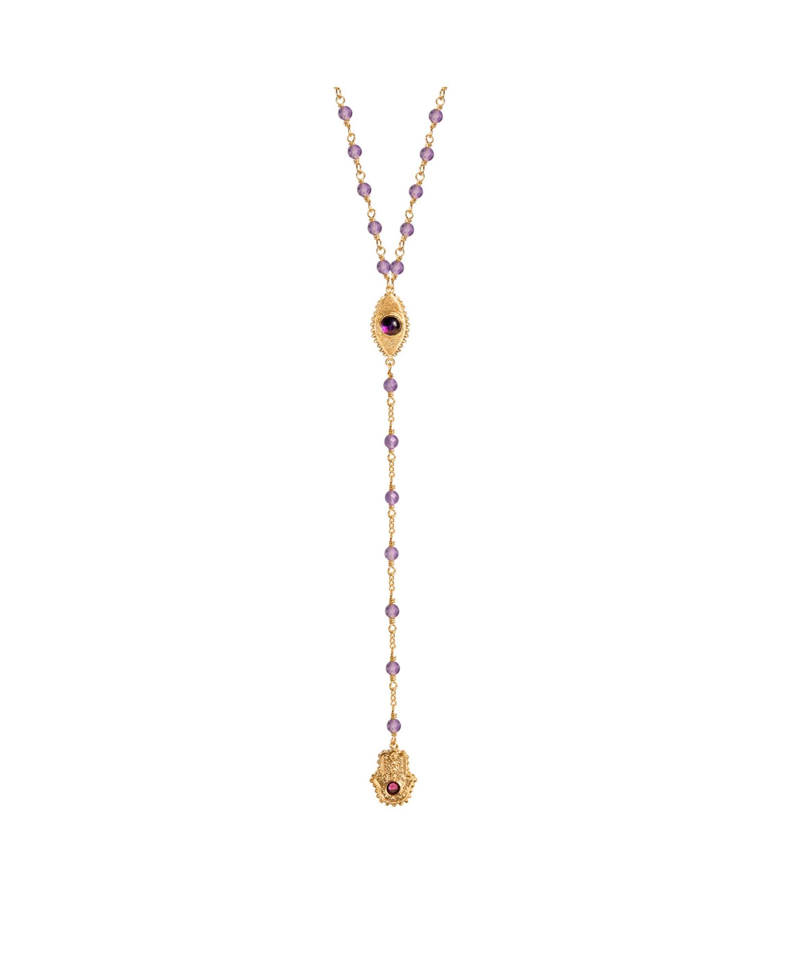 Karma and Luck ожерелье Lariat Amethyst Gold Plated Evil Eye Hamsa