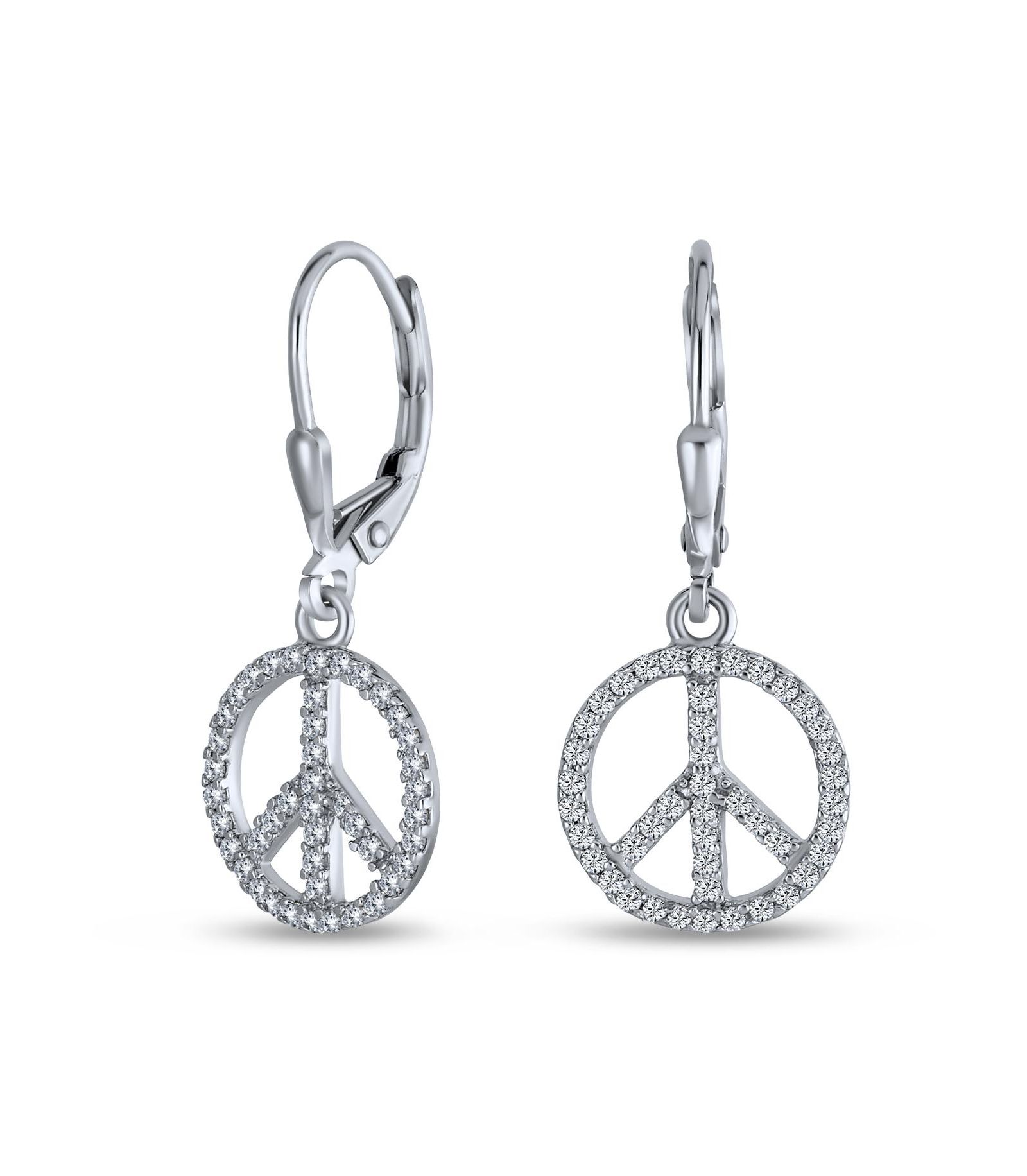 Bling Jewelry Pave Silver CZ Dangling Peace Sign Earrings .925 Sterling Silver Lever Back