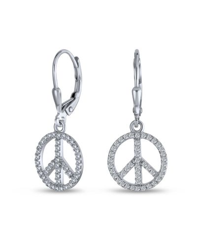 Bling Jewelry Pave Silver CZ Dangling Peace Sign Earrings .925 Sterling Silver Lever Back