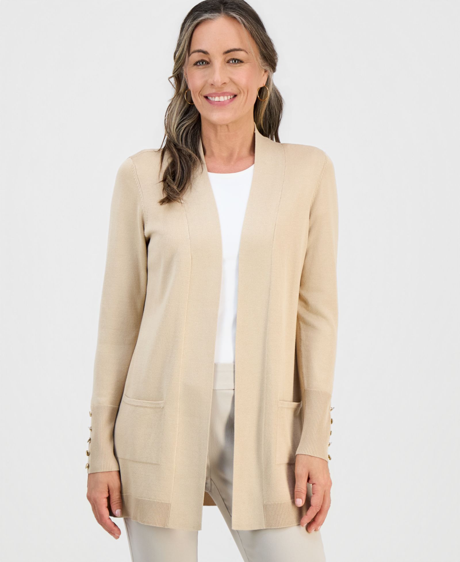 JM Collection Petite Open-Front Button-Cuff Cardigan Sweater