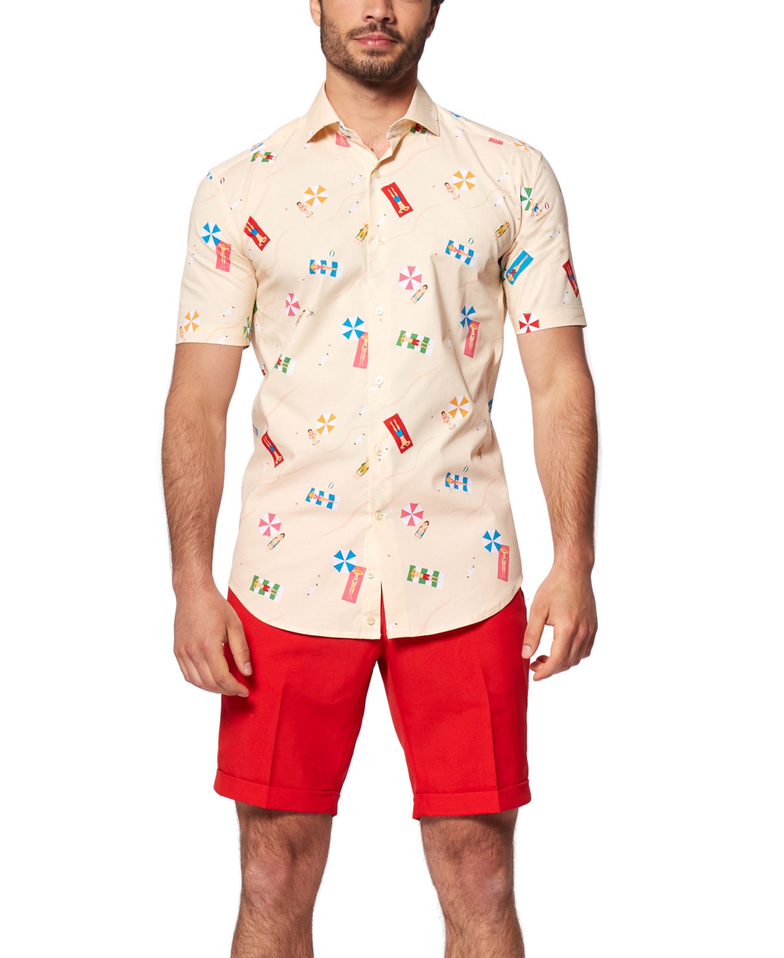 OppoSuits Big & Tall Beach Shirt - Short Sleeved Button Down Dress Shirt - Slim Fit - Beige