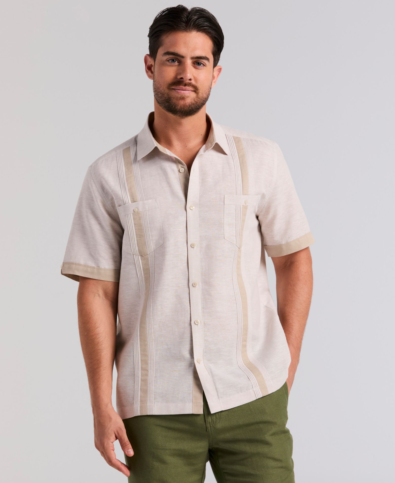 Cubavera Men's Cross-Dyed Linen-Blend Short-Sleeve Pintucked Shirt
