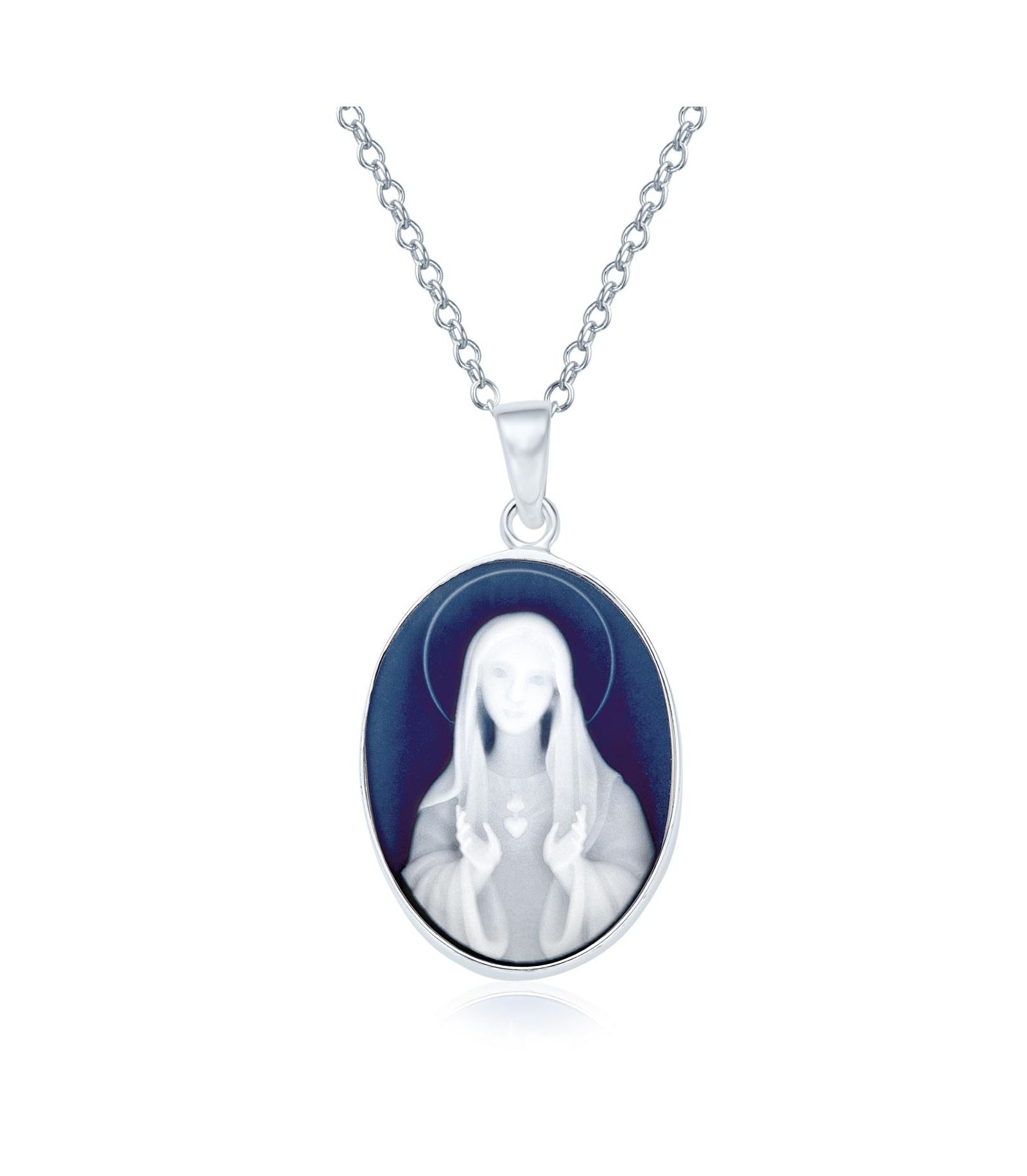 Bling Jewelry Blue Madonna Oval Virgin Mary Cameo Pendant Necklace .925 Sterling Silver