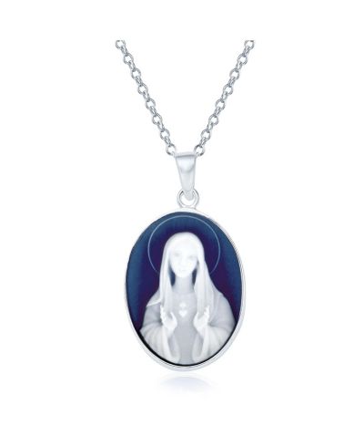 Bling Jewelry Blue Madonna Oval Virgin Mary Cameo Pendant Necklace .925 Sterling Silver