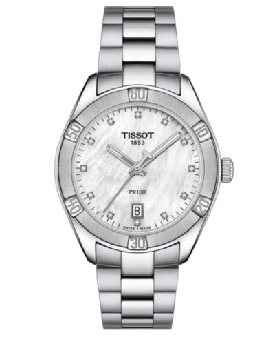 Tissot Женские часы Tissot Swiss PR 100 Sport Chic с бриллиантами (1/20 ct. t.w.) и стальным браслетом 36mm