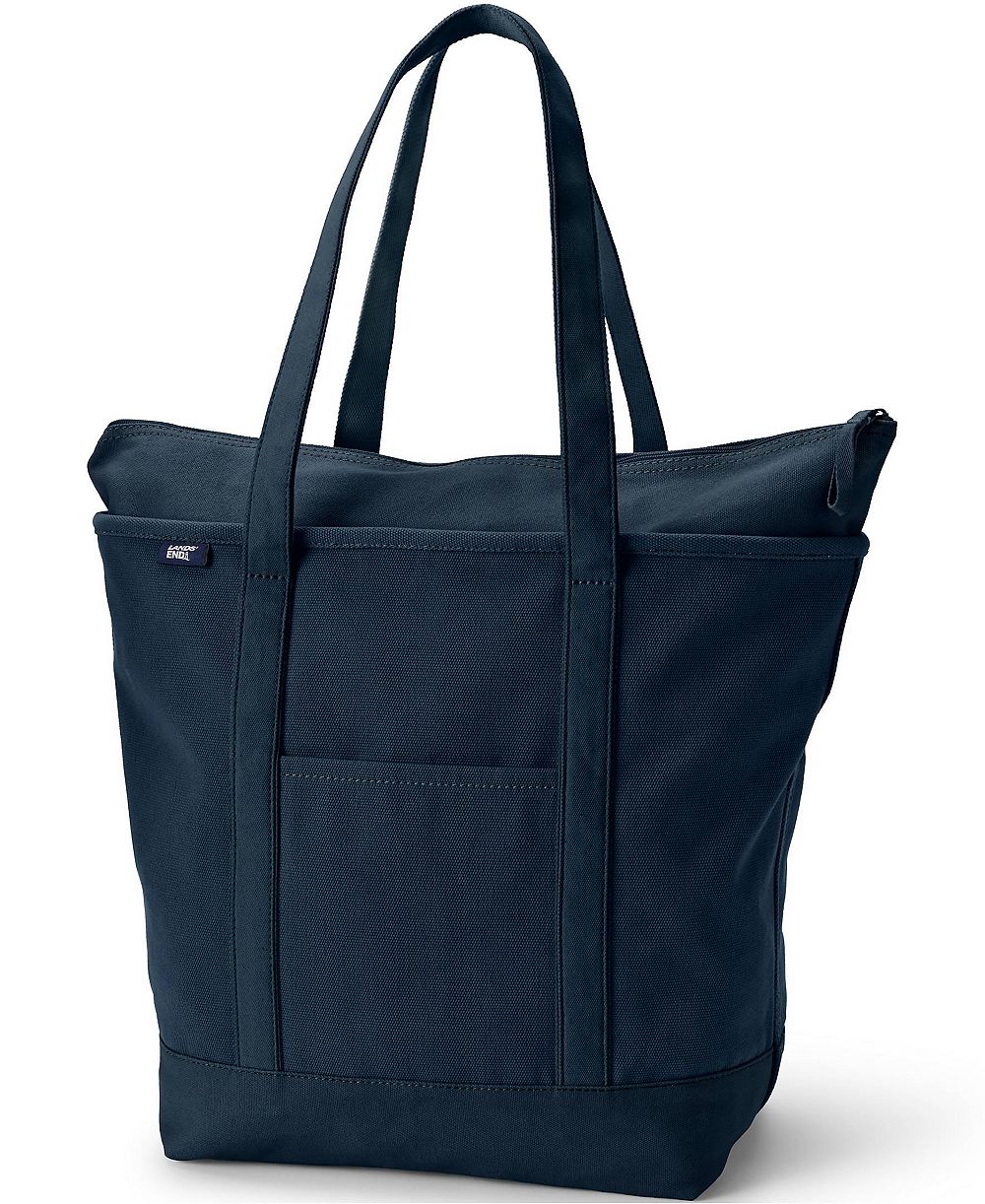 Lands' End Large Solid Color 5 Pocket Zip Top Long Handle Canvas Tote Bag