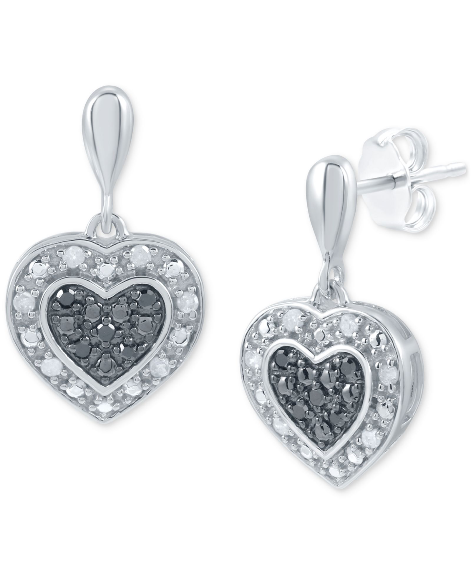 Macy's Серьги-подвески с черными и белыми бриллиантовыми сердца, Sterling Silver, 1/6 ct. t.w.