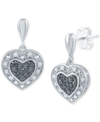 Macy's Серьги-подвески с черными и белыми бриллиантовыми сердца, Sterling Silver, 1/6 ct. t.w.