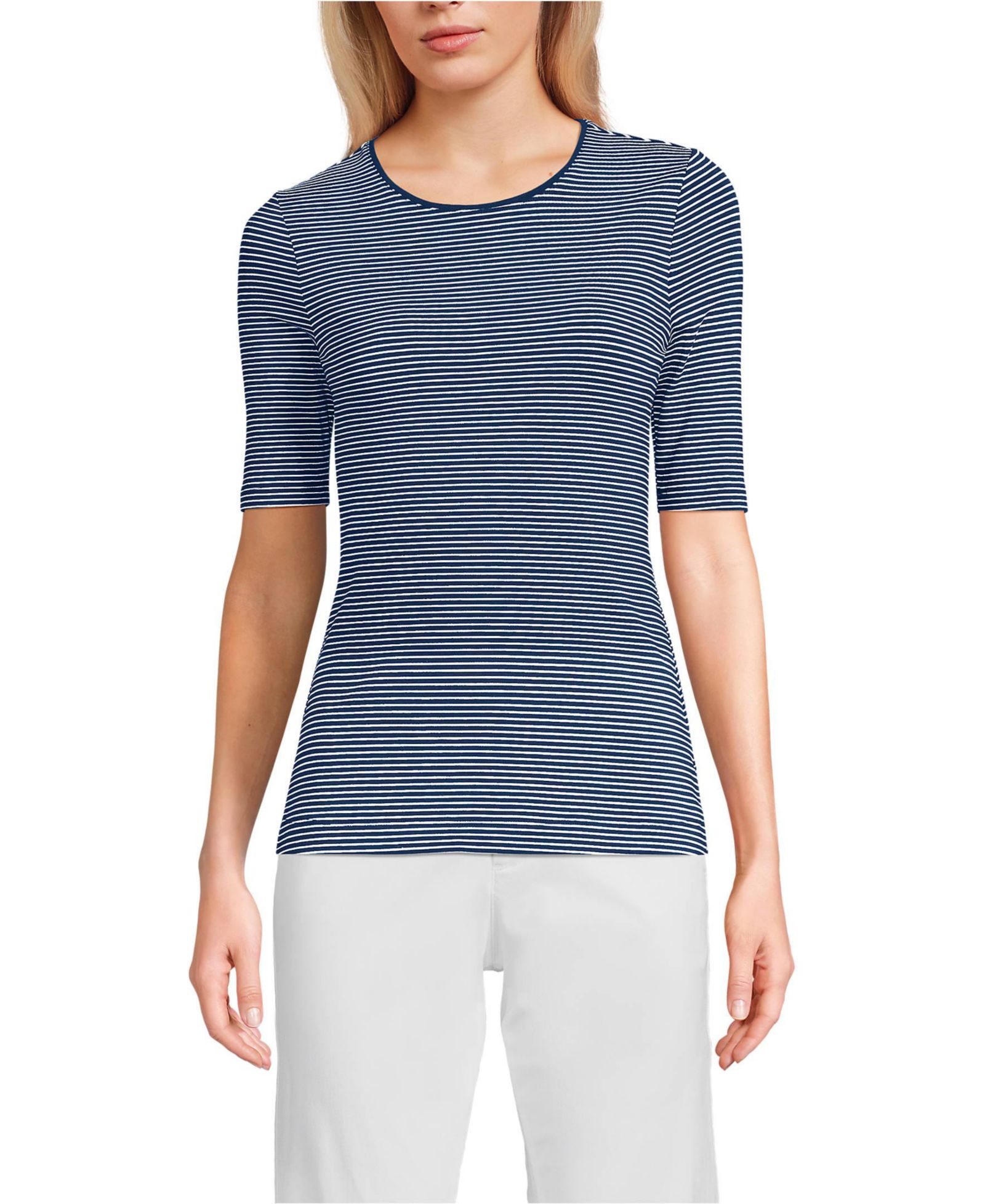 Lands' End Women's Lightweight Jersey Skimming Elbow Sleeve Crew Neck T-shirt