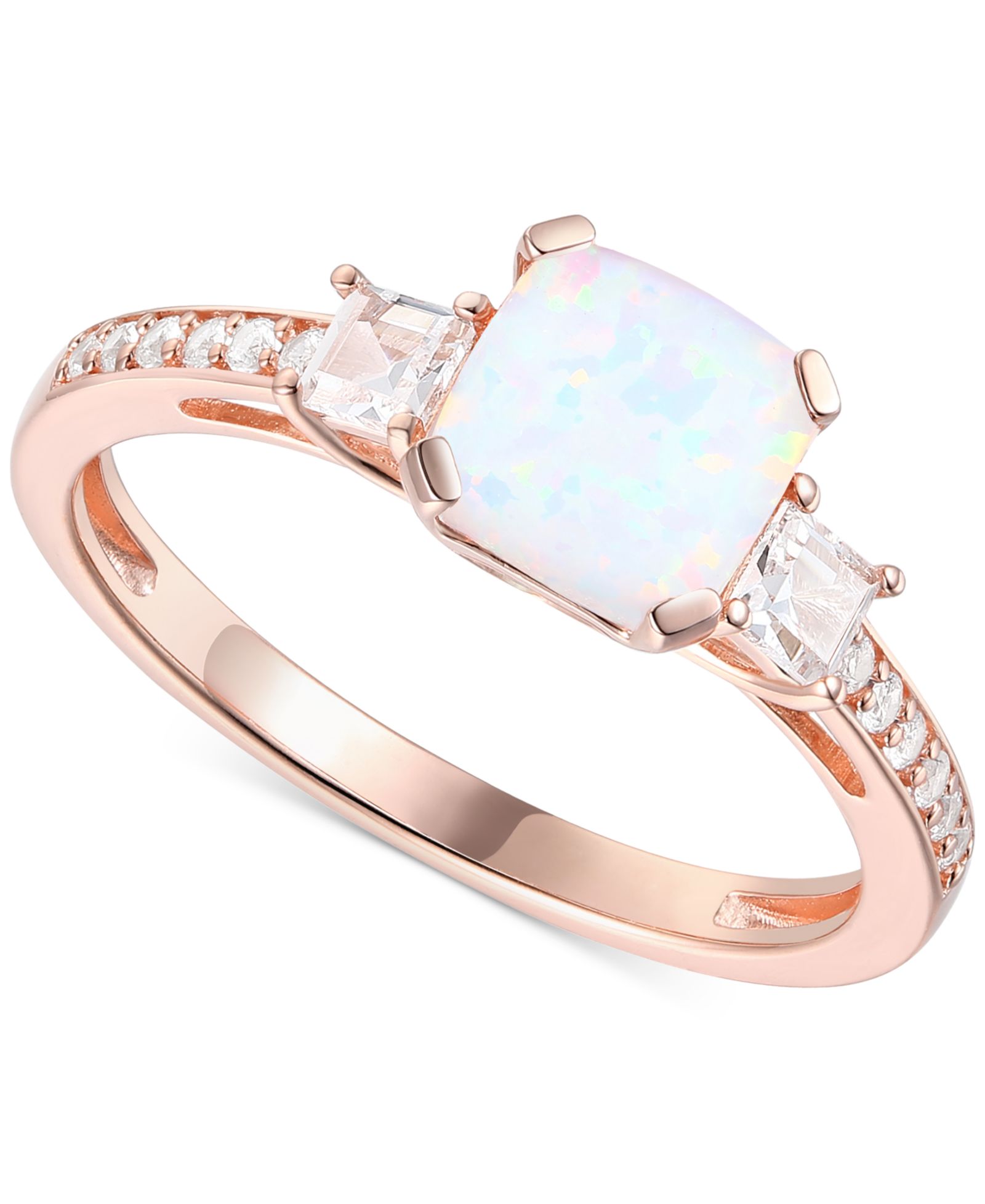 Lab-Grown Morganite (1-3/8 ct. t.w.) & Lab-Grown White Sapphire (1/3 ct. t.w.) Three Stone Ring in 14k Rose Gold-Plated Sterling Silver (Also in Additional Gemstones)