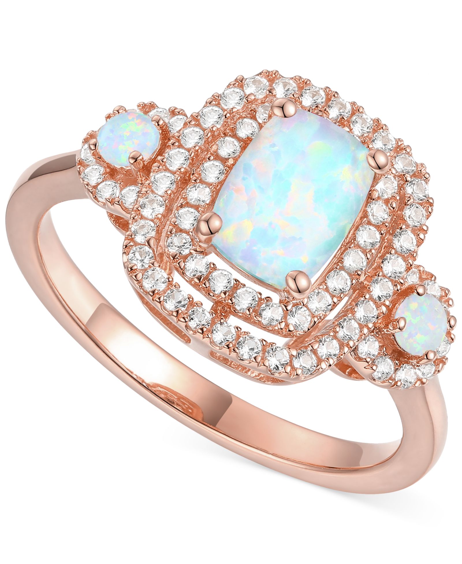 Lab-Grown Emerald (7/8 ct. t.w.) & Lab-Grown White Sapphire (1/3 ct. t.w.) Double Halo Three Stone Ring (Also in Additional Gemstones)