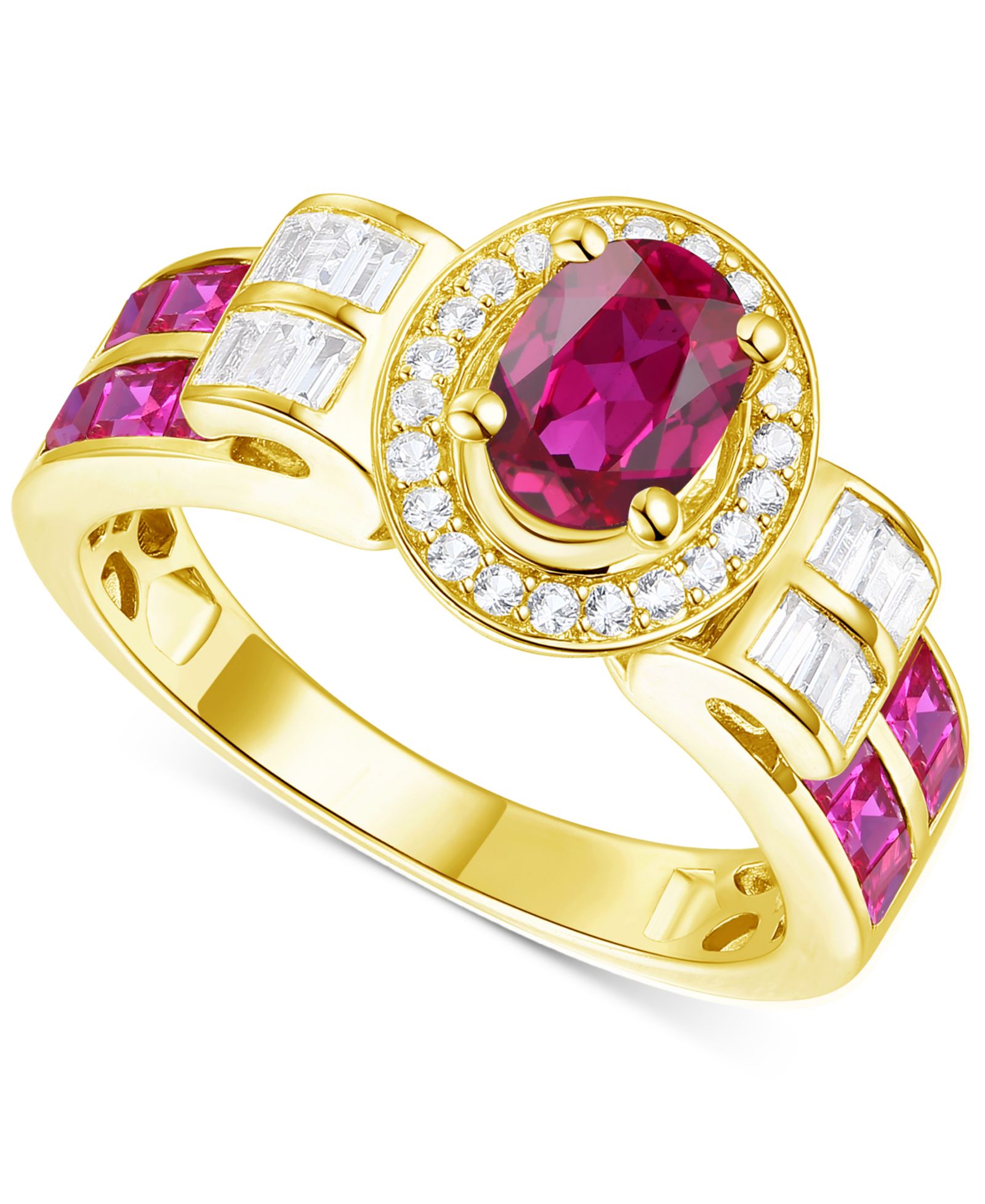 Lab-Grown Emerald (7/8 ct. t.w.) & Lab-Grown White Sapphire (1/3 ct. t.w.) Statement Ring in 14k Gold-Plated Sterling Silver (Also in Additional Gemstones)