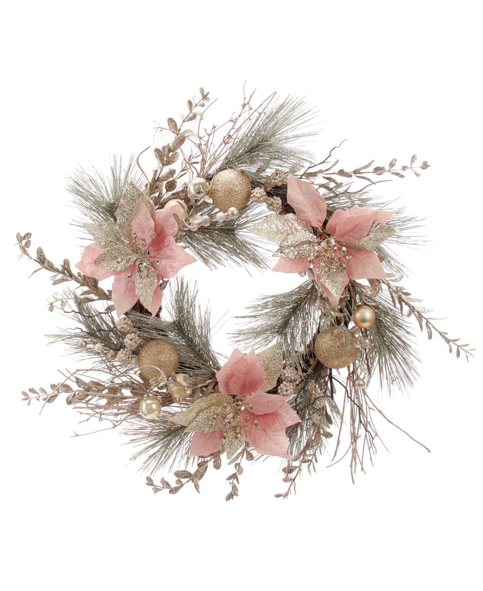 Венок Kurt Adler 20" Pink Poinsettias and Ornaments