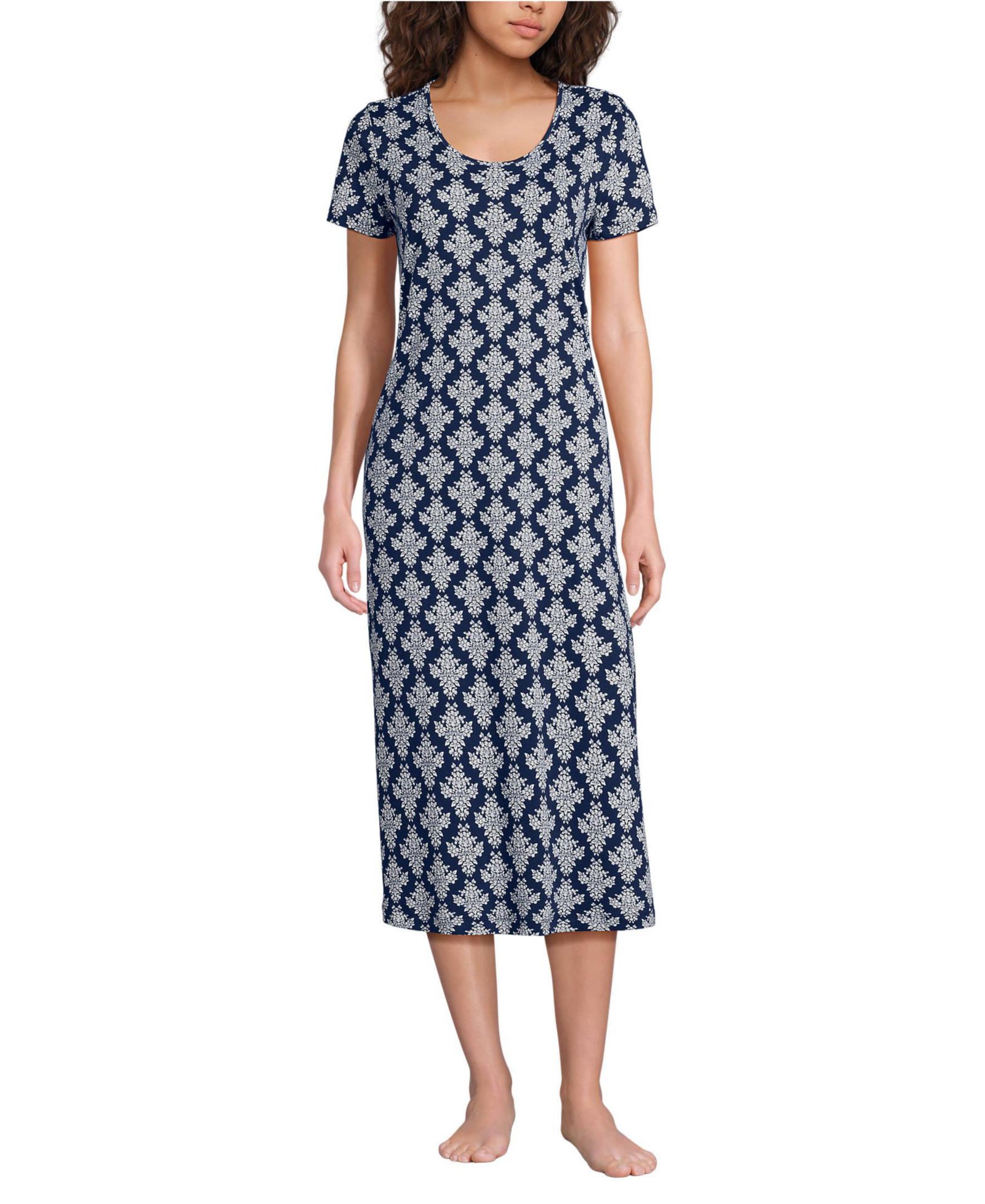 Lands' End Женская хлопковая ночная рубашка Short Sleeve Midcalf