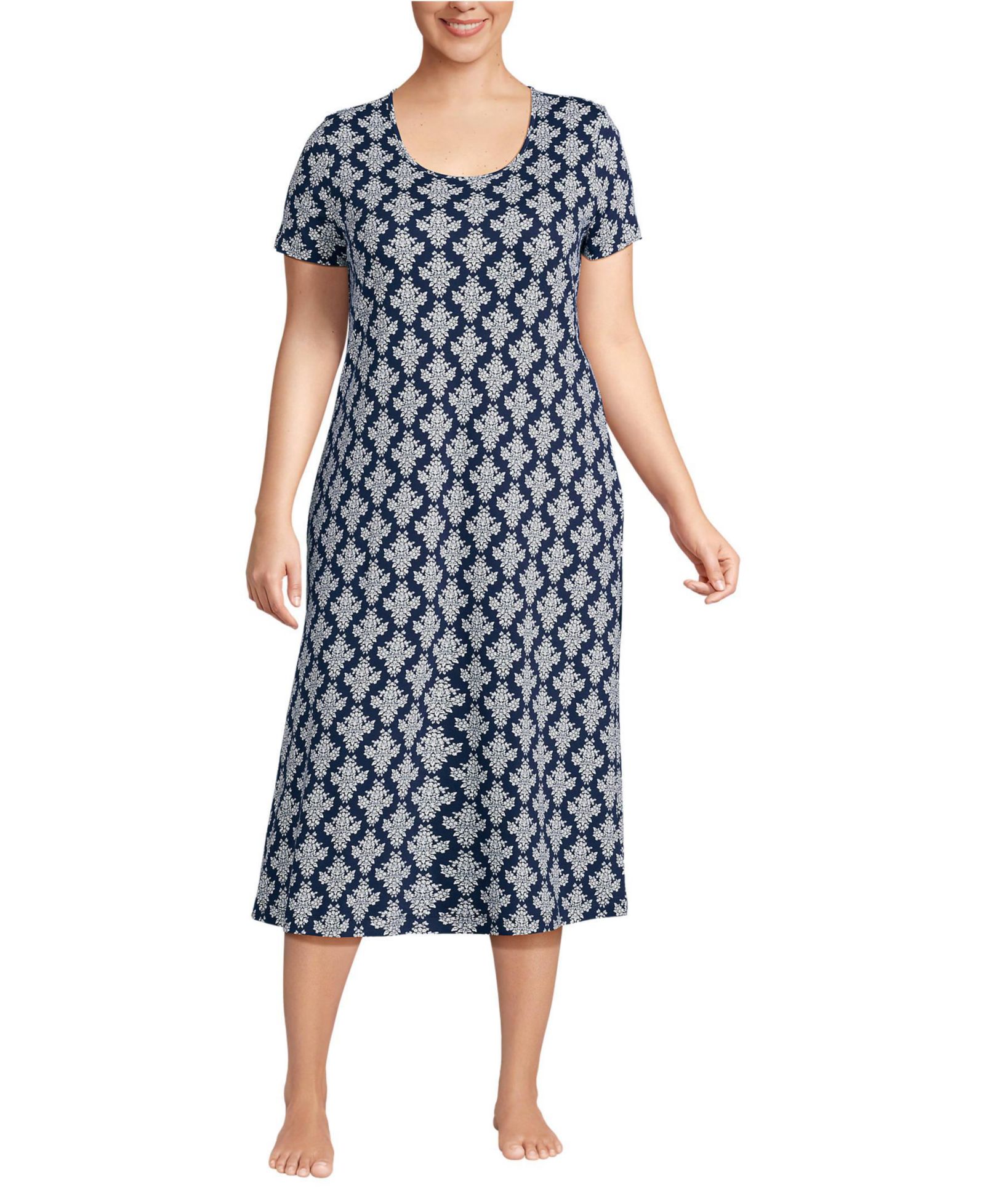 Lands' End Plus Size Cotton Short Sleeve Midcalf Nightgown