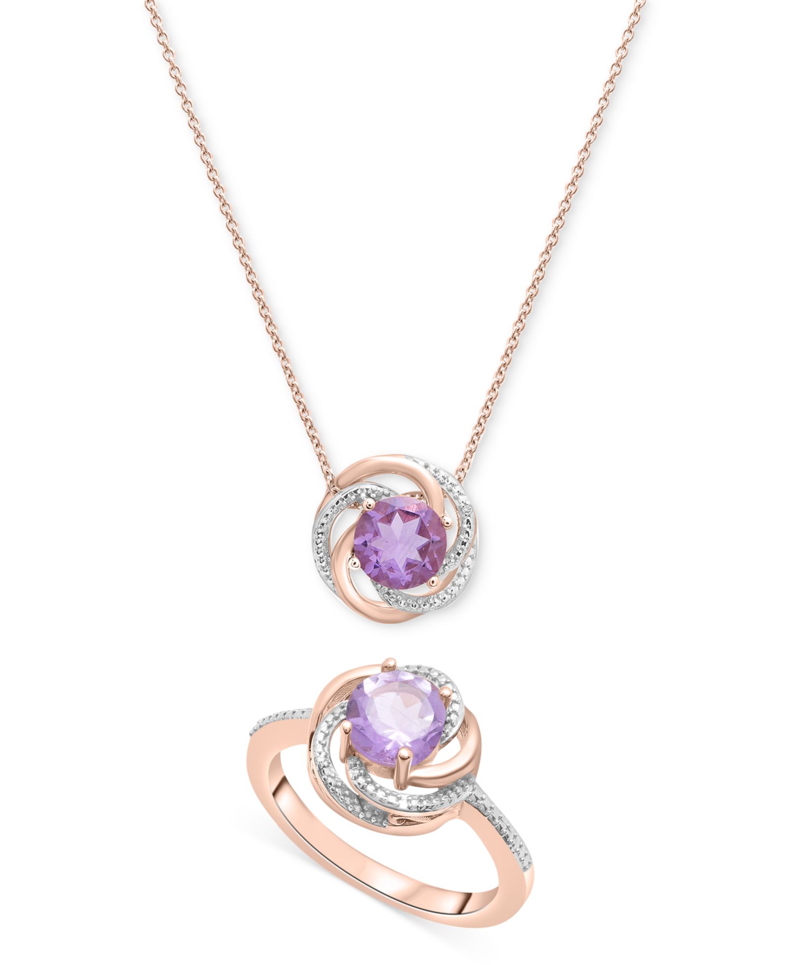 2-Pc. Set Pink Amethyst (1-1/2 ct. t.w.) & Diamond Accent Spiral Pendant Necklace & Matching Ring in 14k Rose Gold-Plated Sterling Silver (Also in Blue Topaz & Citrine)