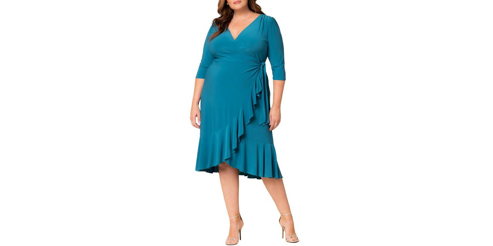Kiyonna Plus Size Whimsy Ruffled Midi Wrap Dress