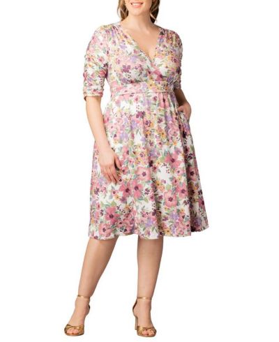 Kiyonna Plus Size Gabriella Ruched Sleeve Midi Dress with Pockets