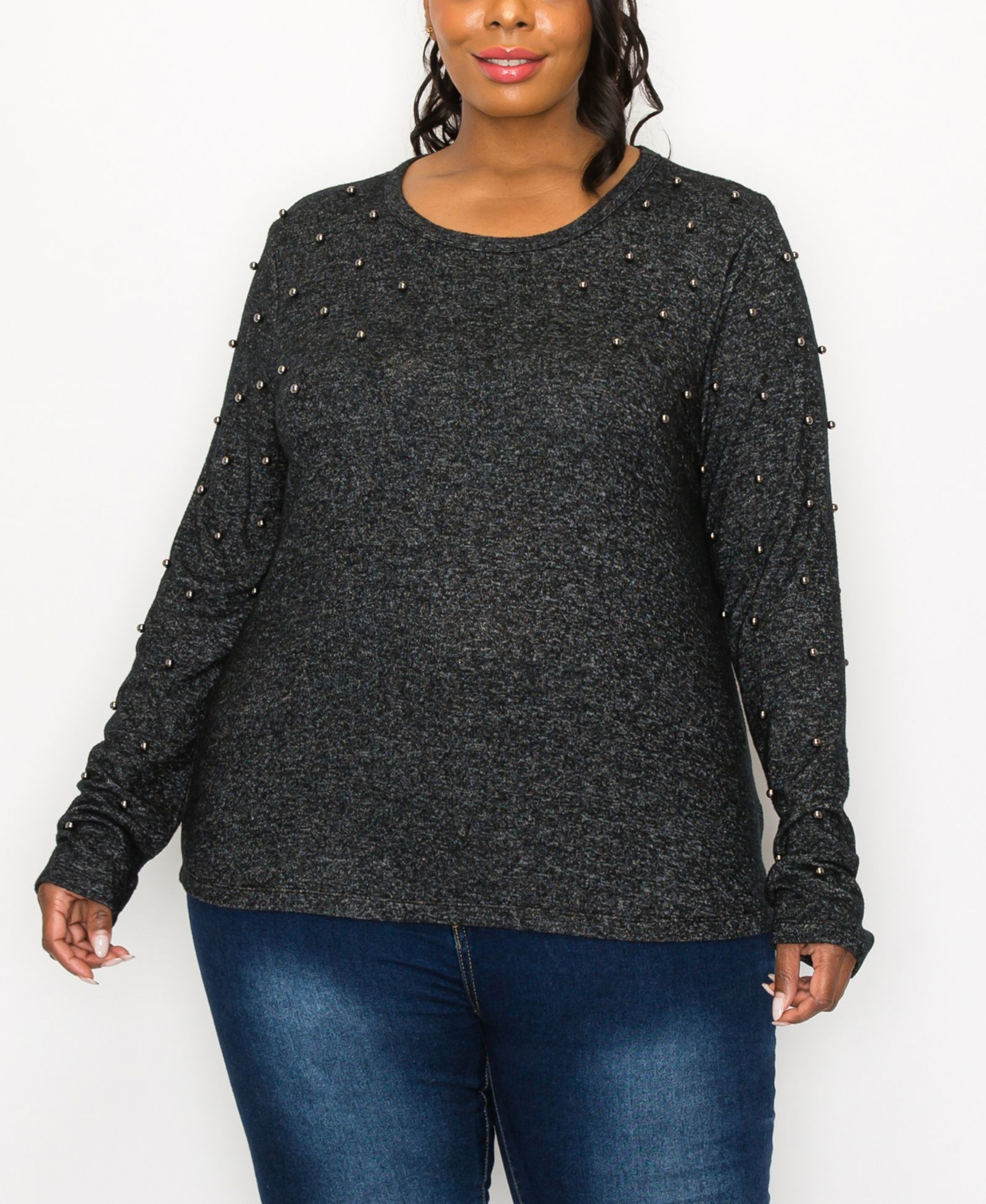 COIN 1804 Plus Size Long Sleeve Pullover Top with Gunmetal Studs