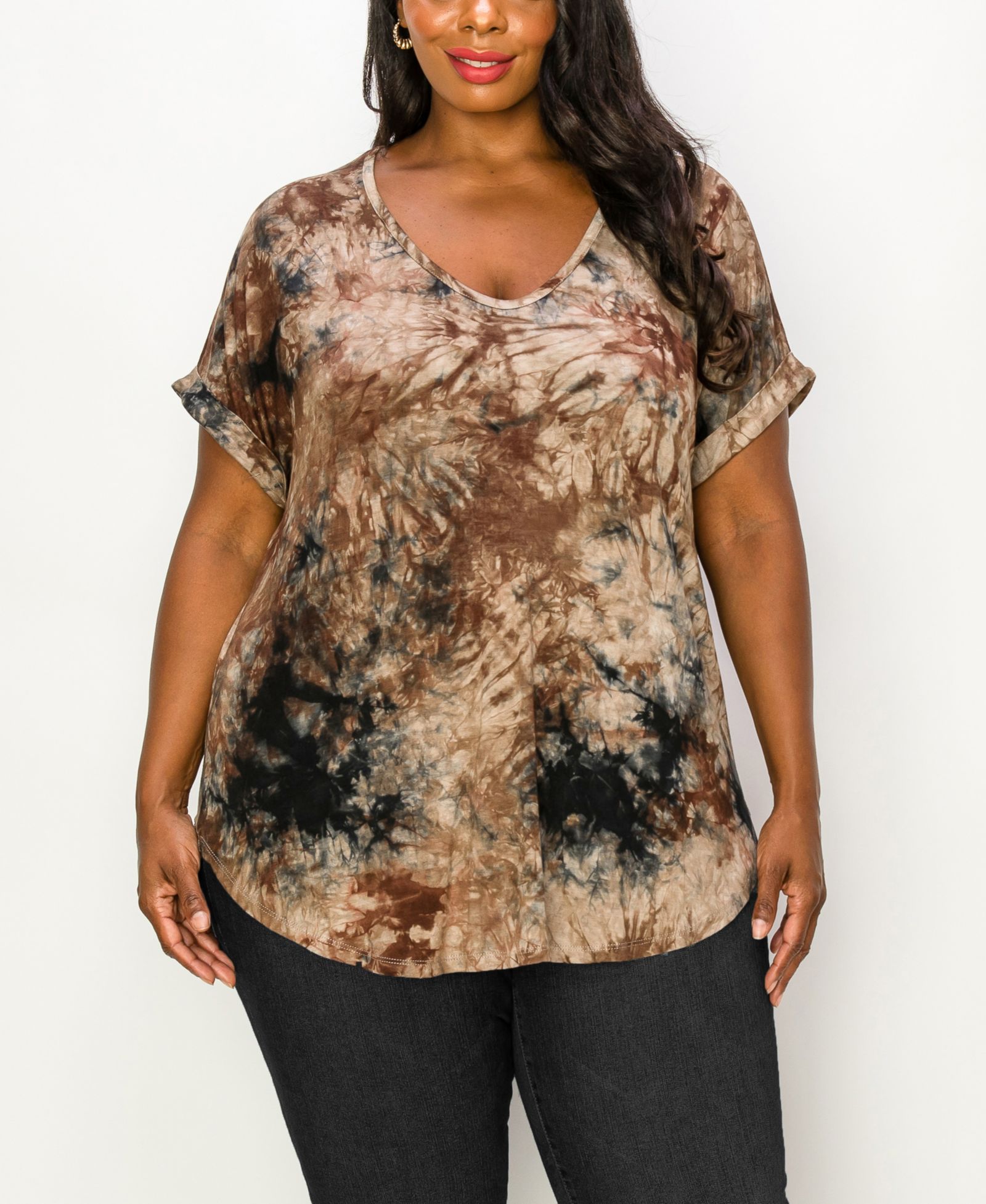 Топ COIN 1804 Plus Size Tie Dye V-neck Rolled Short Sleeve Top