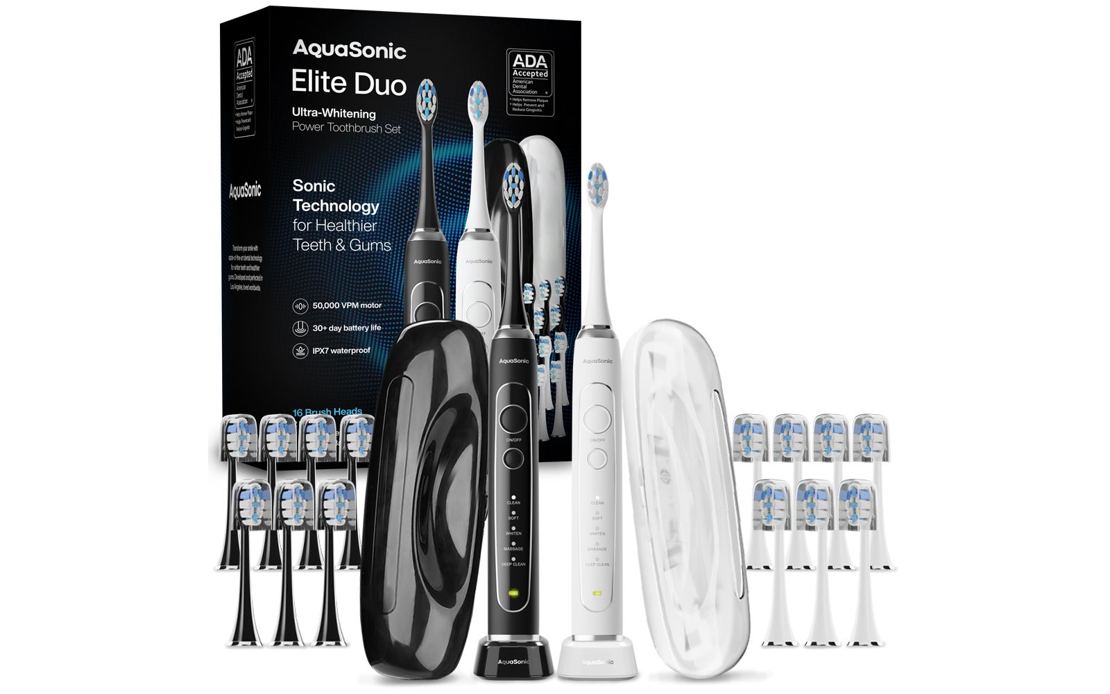 Elite Duo Rechargeable  Electric Toothbrush Set – ADA Accepted, 5 Modes, 2 Travel Cases, 16 Brush Heads (Black/White)