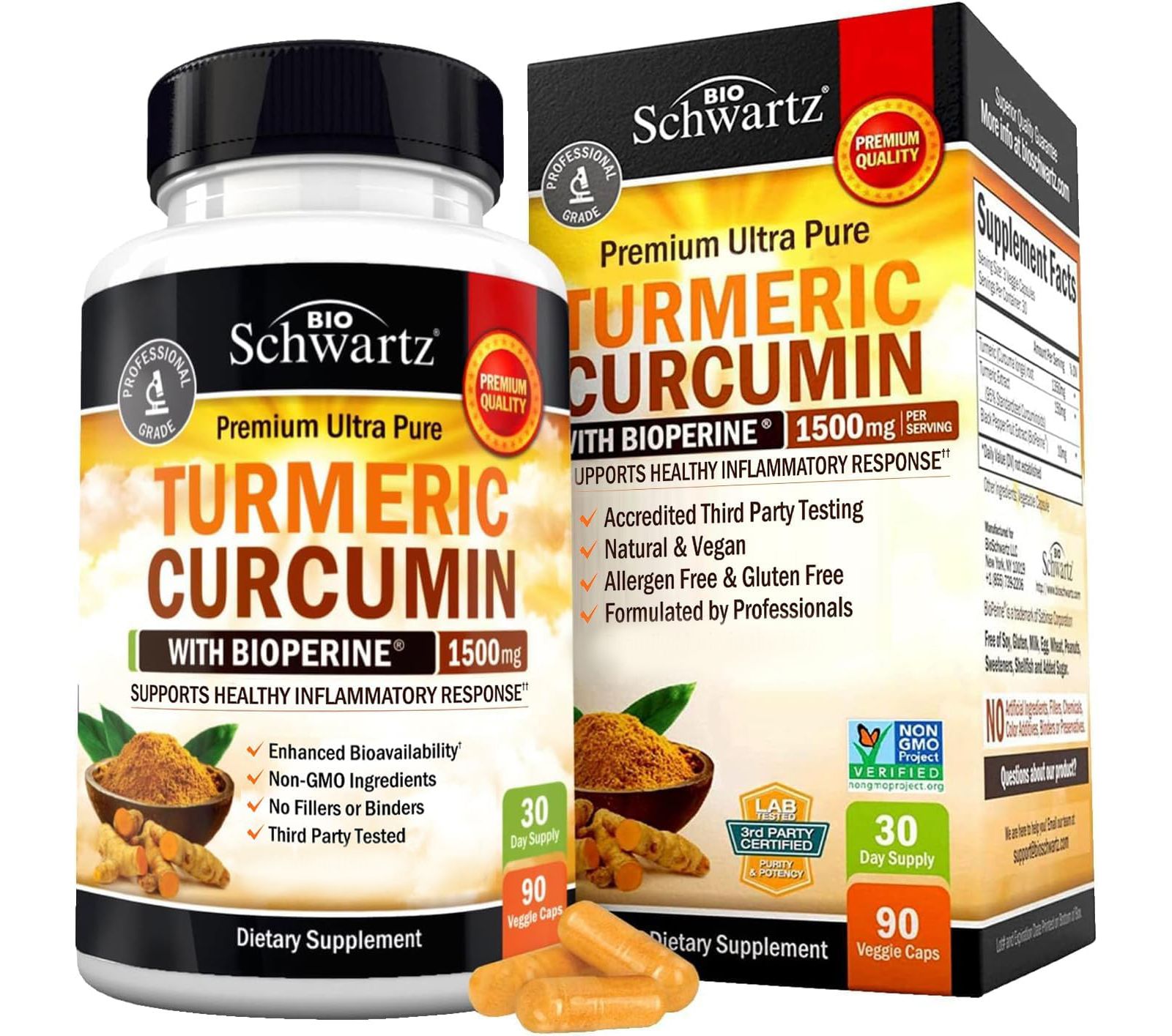 BioSchwartz Turmeric Curcumin с BioPerine 1500mg, поддержка суставов, 95% стандартизированных куркуминоидов и экстракт черного перца, без ГМО, без глютена, 90 капсул