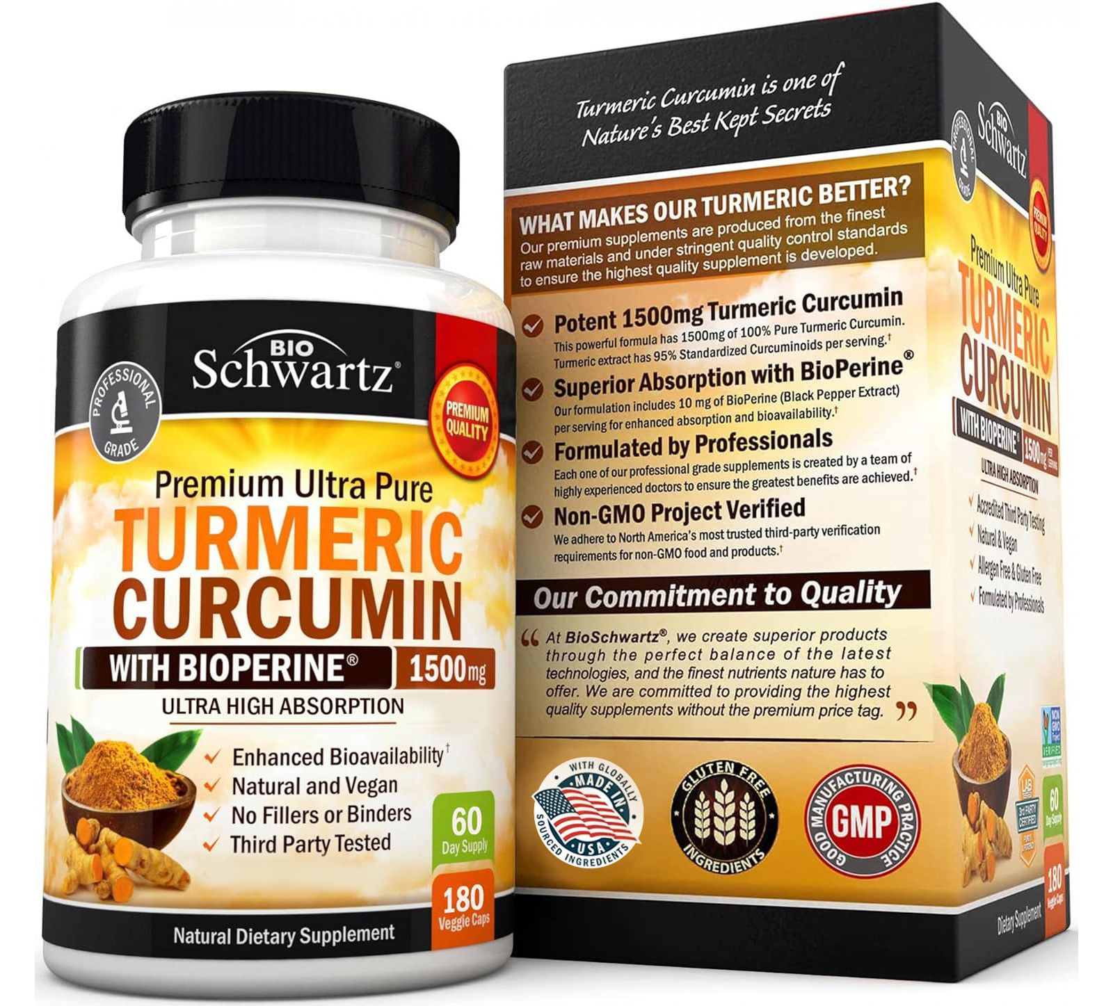 BioSchwartz Turmeric Curcumin с BioPerine 1500mg, поддержка суставов, без ГМО, без глютена, 180 капсул
