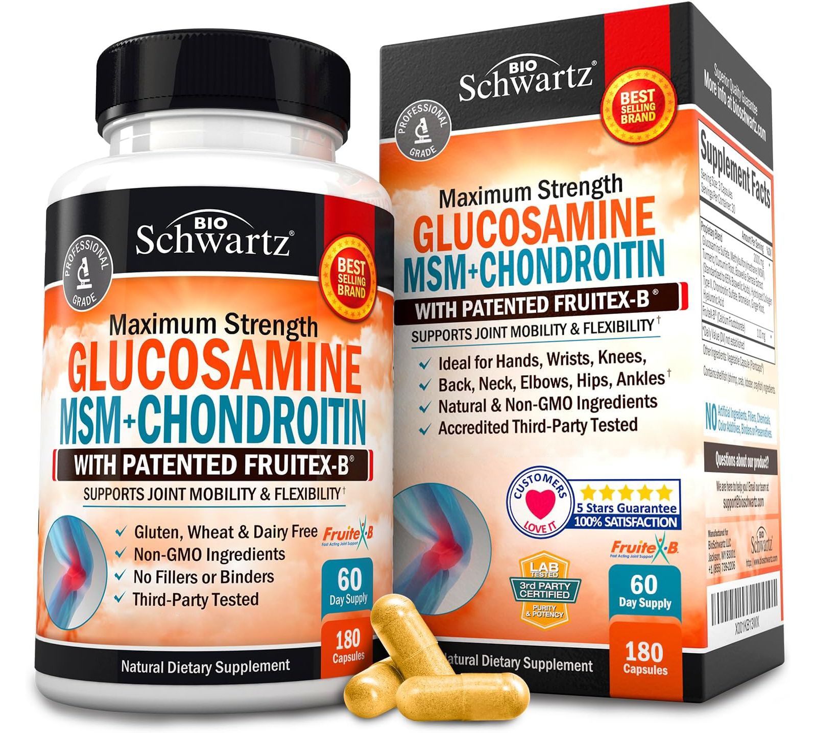 BioSchwartz Glucosamine Chondroitin MSM 2110mg — добавка для поддержки суставов с куркумином, 180 капсул