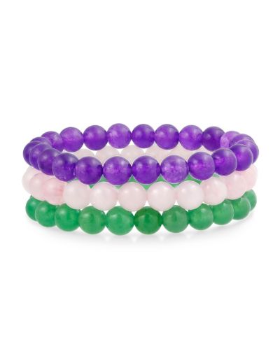 Браслет Bling Jewelry Gemstone Stretch Set 3 Purple Amethyst Pink Rose Quartz Green Aventurine 8MM Ball Bead