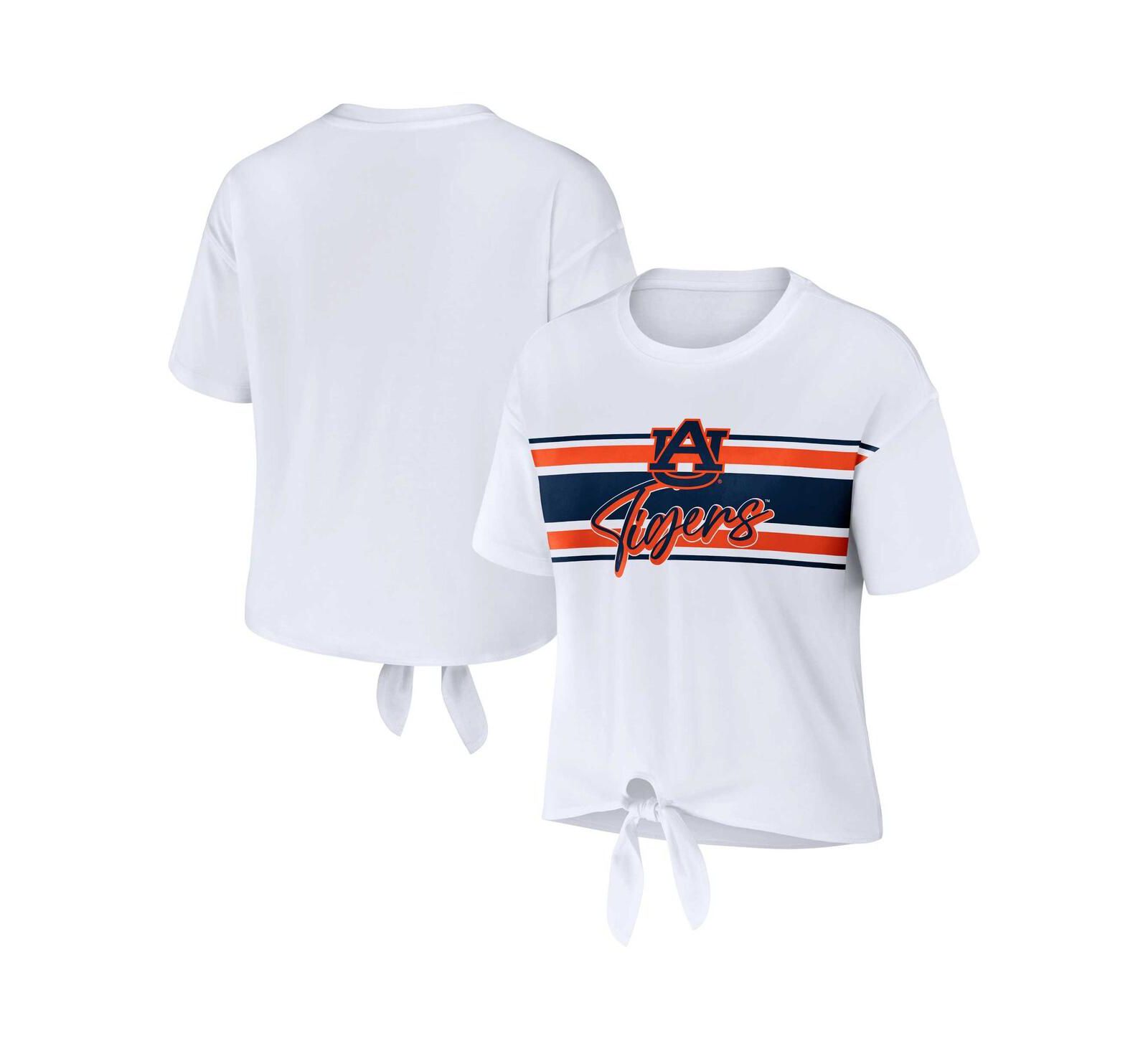 Women's WEAR by Erin Andrews White Auburn Tigers Striped Front Knot Cropped T-shirt