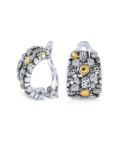 Bling Jewelry Mixed-Metal Wide Half Steampunk Hoop Clip On Earrings Oxidized Gold Plated