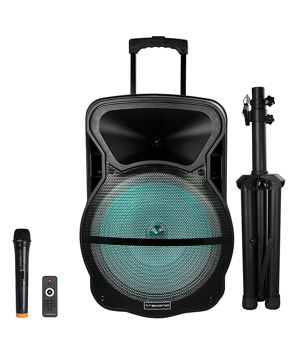 Trexonic Combination 15 Inch Bluetooth Portable Speaker and Tripod Stand with Reactive Lights, FM Radio, USB/TF Inputs, Rechargeable Battery  & Voice Broadcast