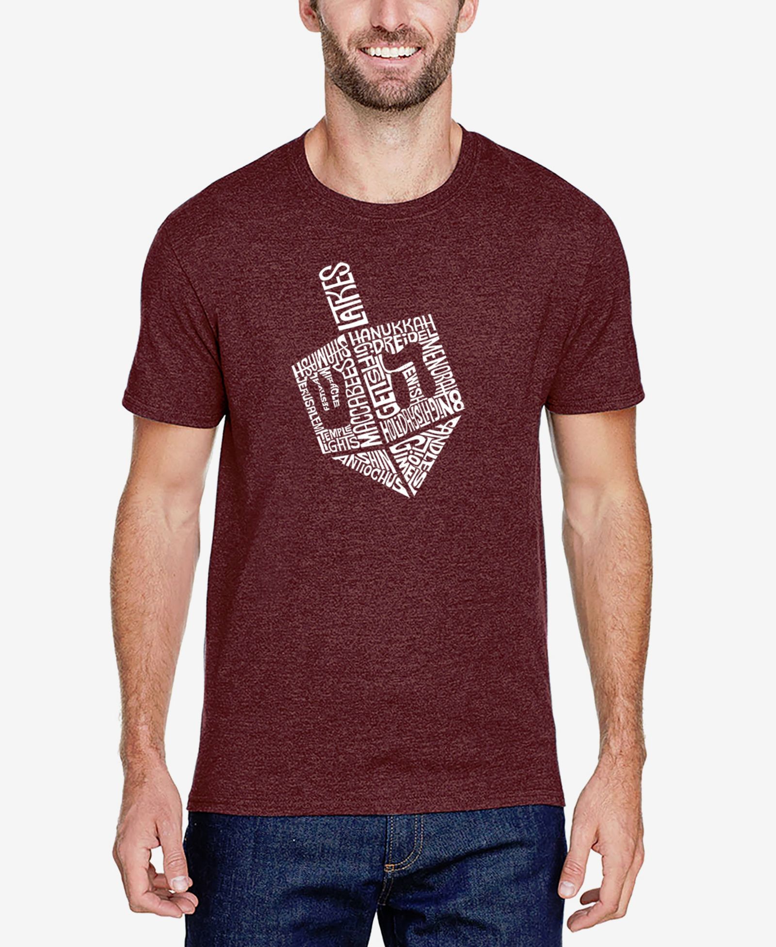 LA Pop Art Men's Cotton/Poly Blend Word Art T-shirt - Hanukkah Dreidel