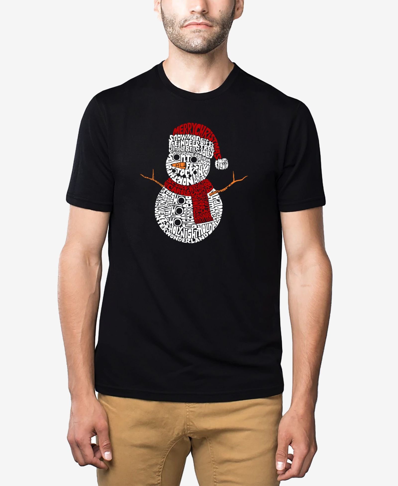 LA Pop Art Men's Cotton/Poly Blend Word Art T-shirt- Snowman