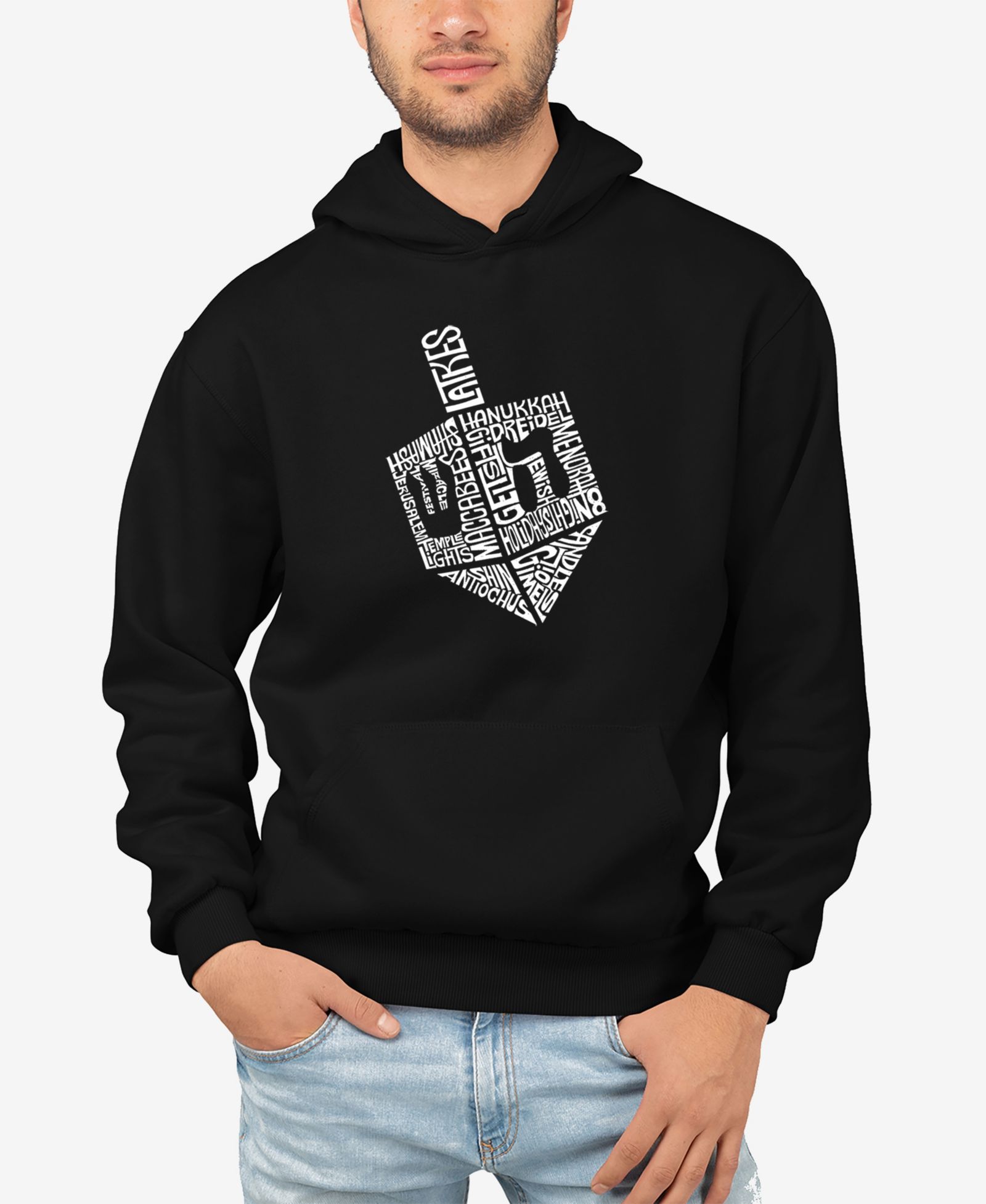 LA Pop Art Men's Hanukkah Dreidel Word Art Hooded Sweatshirt
