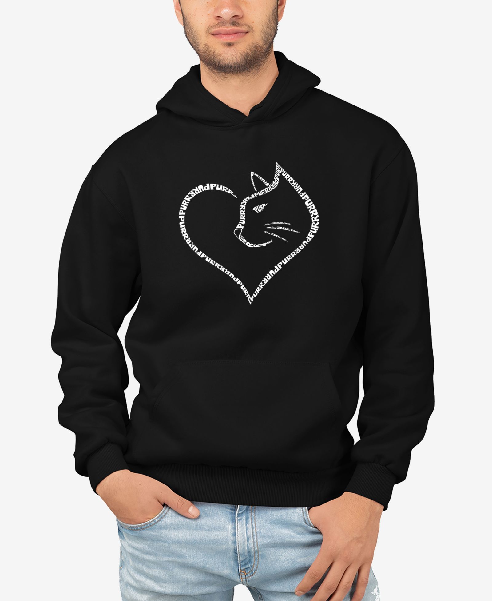 LA Pop Art Men's Cat Heart Word Art Hooded Sweatshirt