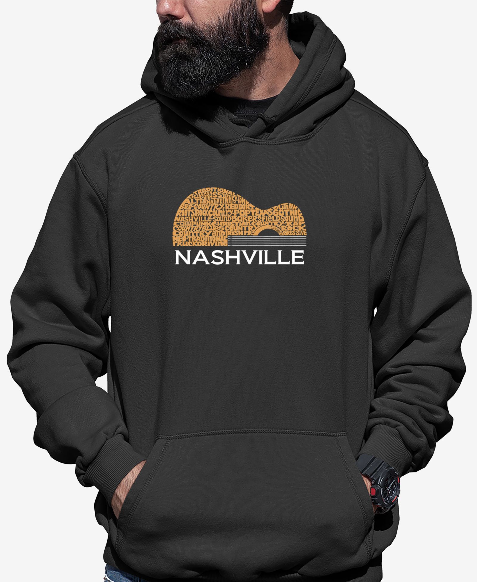LA Pop Art Men's Nashville Guitar Word Art Hooded Sweatshirt