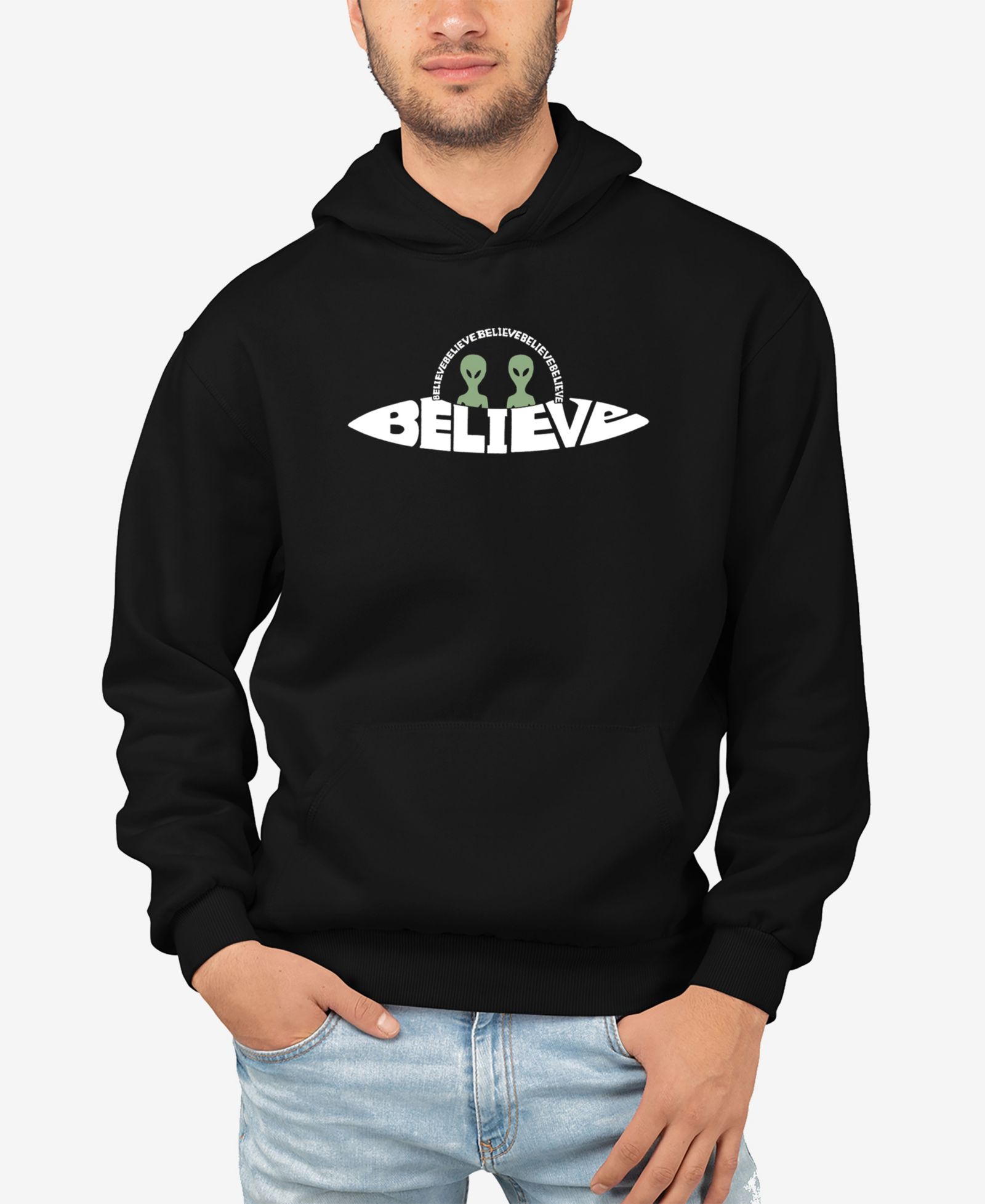 LA Pop Art Men's Believe UFO Word Art Hooded Sweatshirt