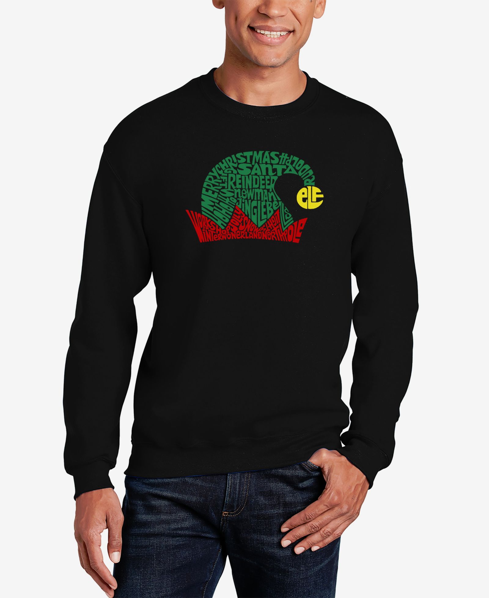 LA Pop Art Men's Christmas Elf Hat Word Art Crewneck Sweatshirt