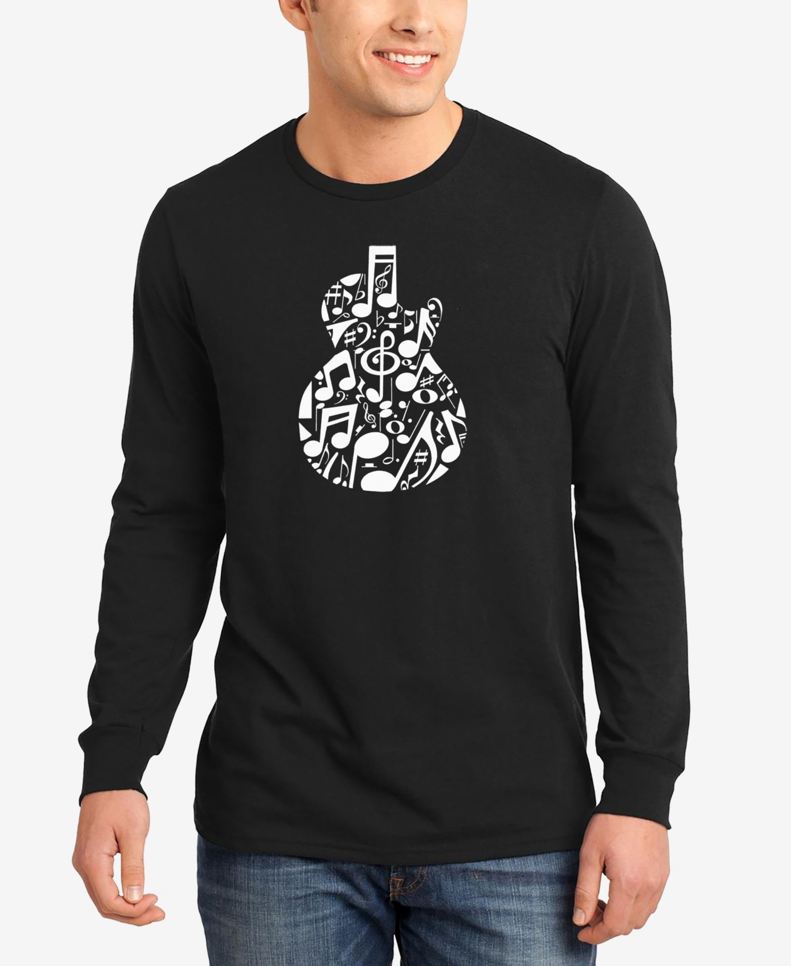 LA Pop Art Men's Music Notes Guitar Word Art Long Sleeve T-shirt