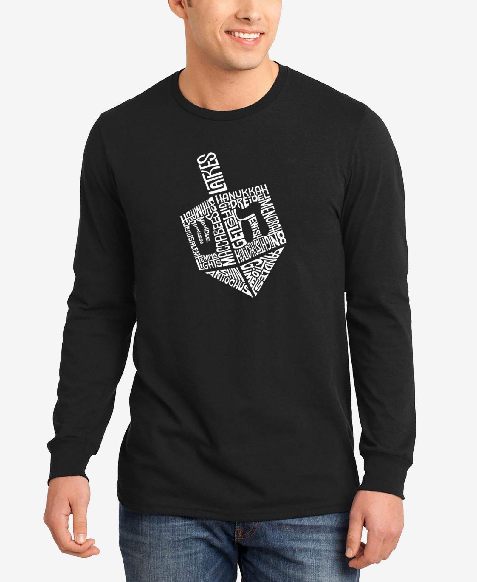 LA Pop Art Men's Hanukkah Dreidel Word Art Long Sleeve T-shirt