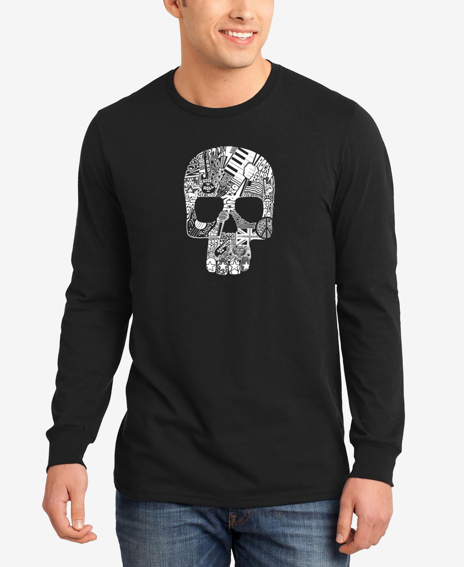 LA Pop Art Men's Rock N Roll Skull Word Art Long Sleeve T-shirt