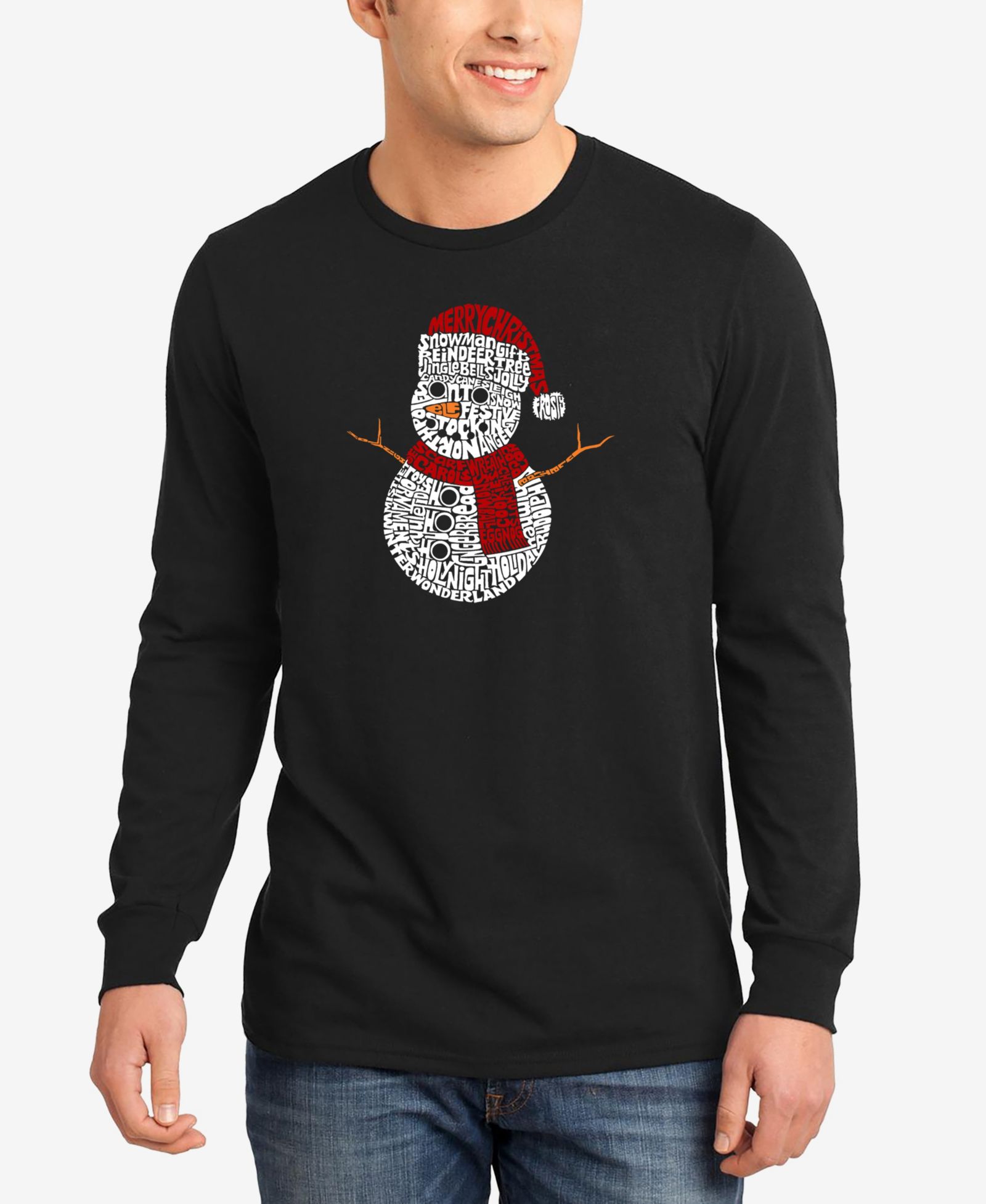 LA Pop Art Men's Christmas Snowman Word Art Long Sleeve T-shirt