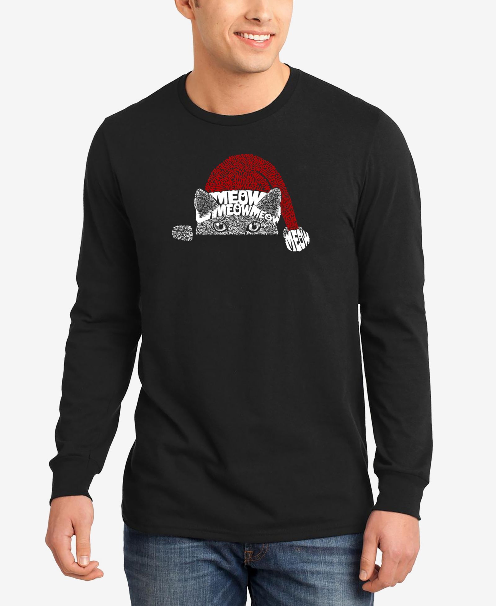 LA Pop Art Men's Christmas Peeking Cat Word Art Long Sleeve T-shirt