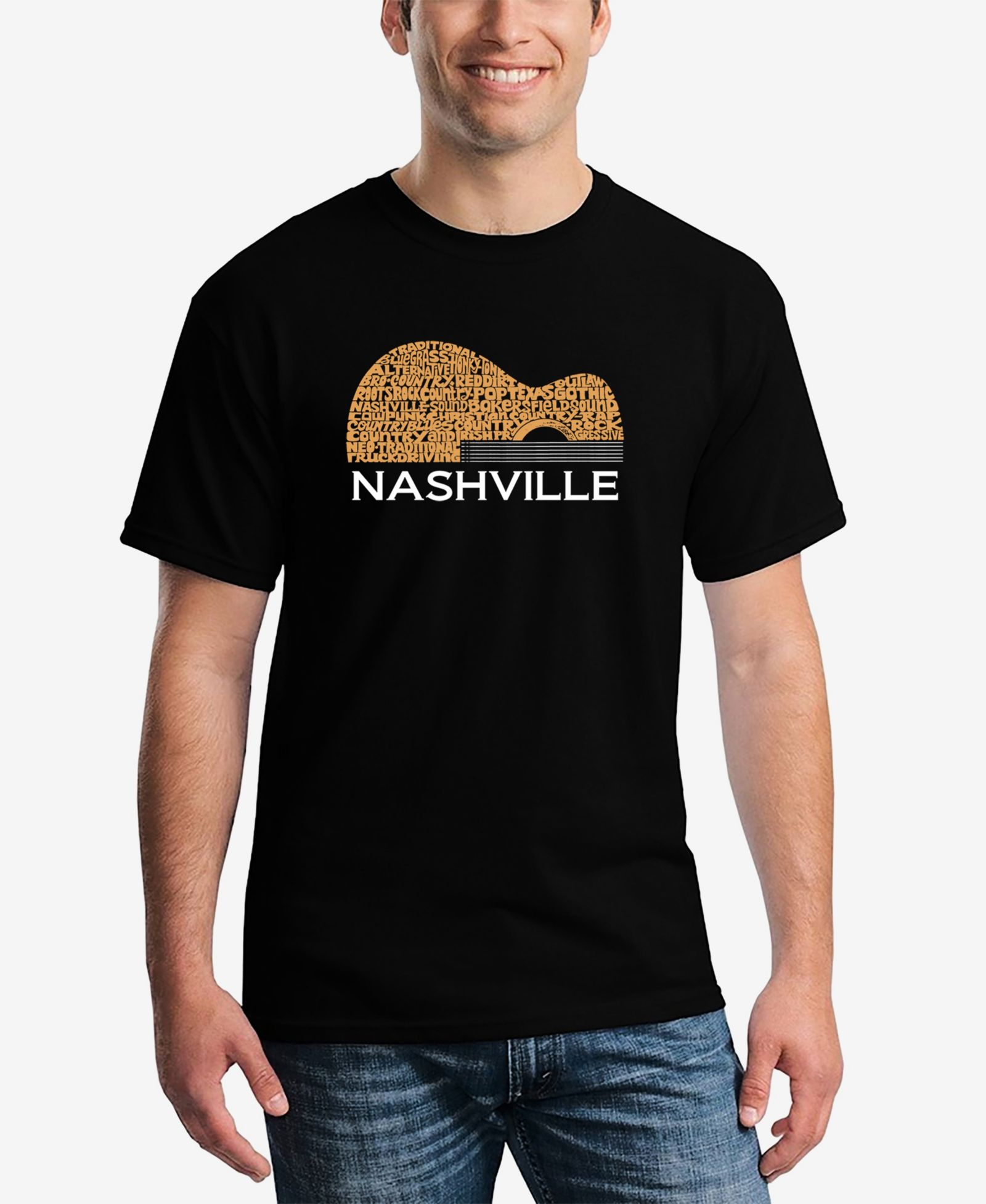LA Pop Art Men's Nashville Guitar Printed Word Art T-shirt