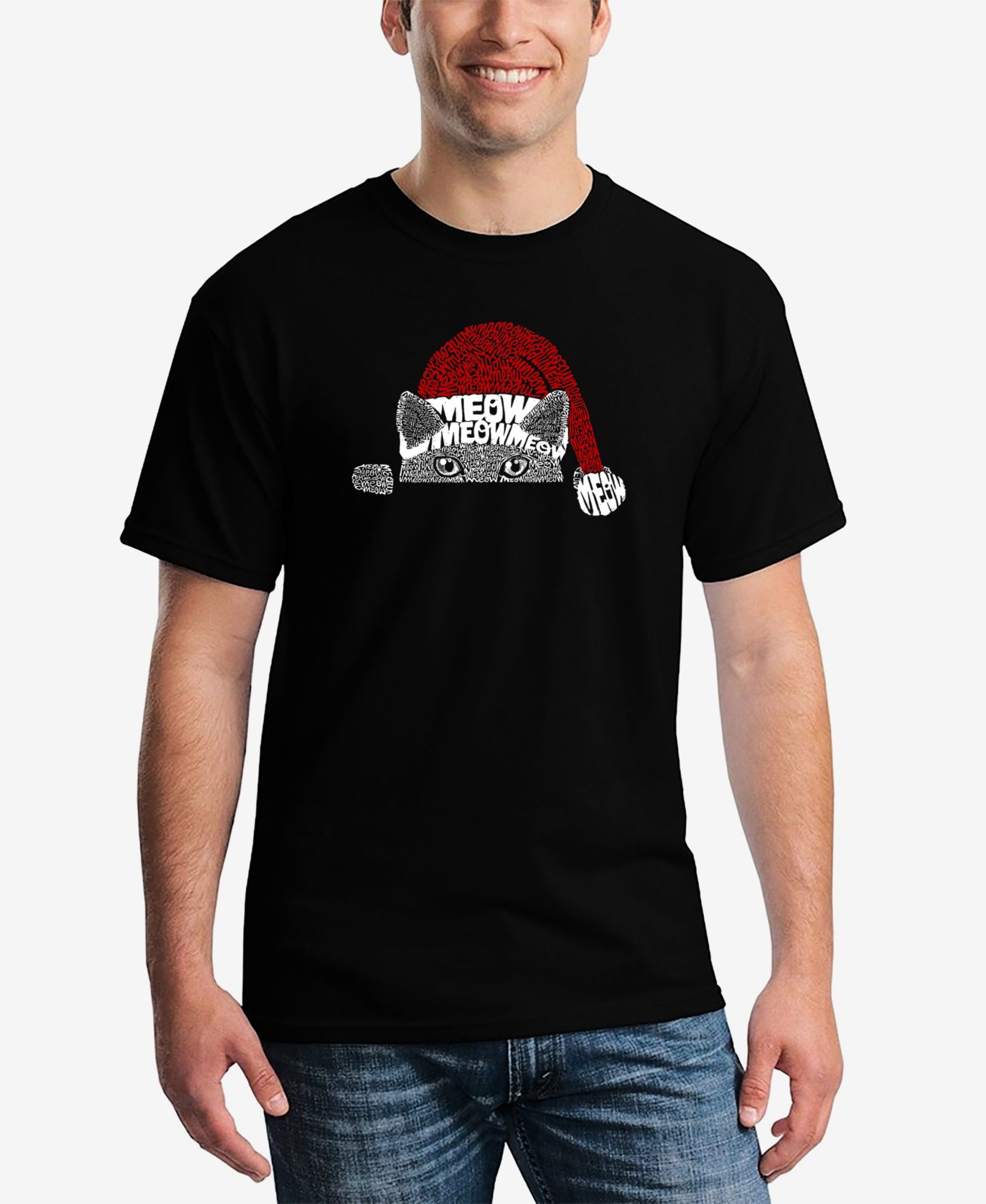 LA Pop Art Men's Christmas Peeking Cat Printed Word Art T-shirt