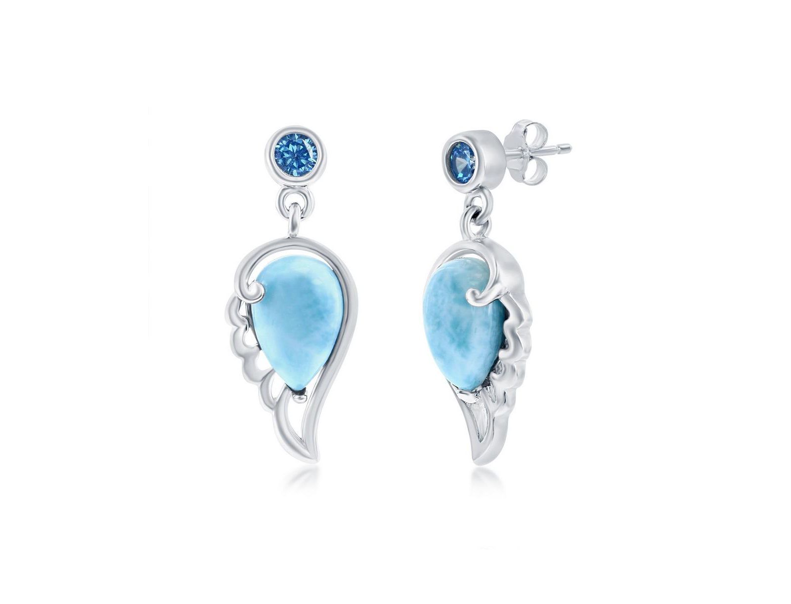 Sterling Silver Larimar Angel Wing & Aqua CZ Earrings